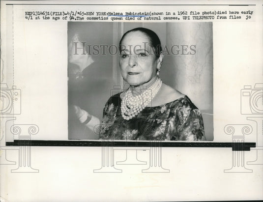 1965 Press Photo Cosmetic Queen Helen Rubinstein died of natural causes at 92 - Historic Images