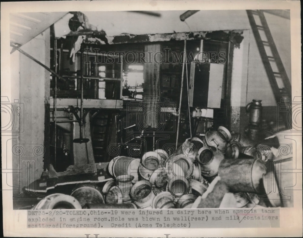 1948 Press Photo Ammonia Tank Explodes at Dairy 19 Injured Hole Blown in Wall - Historic Images