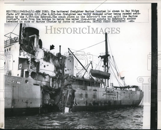 1957 Battered Freighter marine Courier Bay Ridge Flats Off Brooklyn - Historic Images