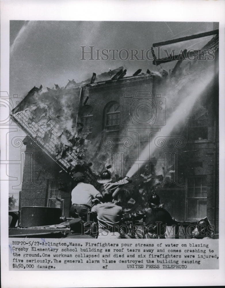 1954 Press Photo Firefighters Pour Water On Fatal Massachusetts School Blaze - Historic Images