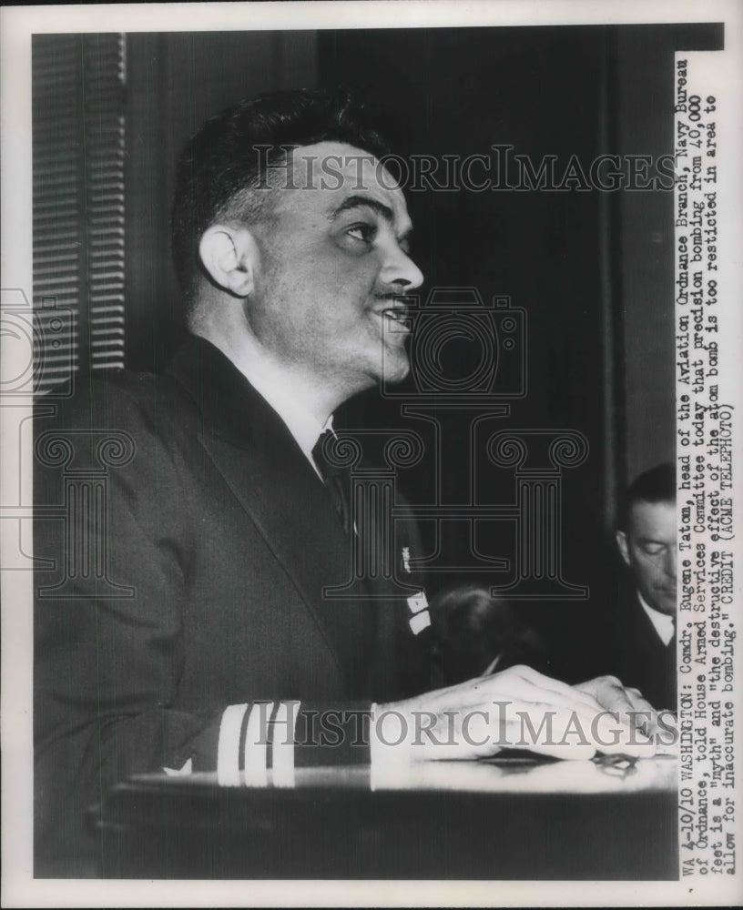 1949 Press Photo Comdr Eugene Tatom Testifies Before Senate Armed Services - Historic Images