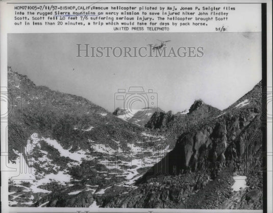 1957 Press Photo Rescue Helicopter Flies OVer Sierra Mountains Saving Lost Hiker - Historic Images