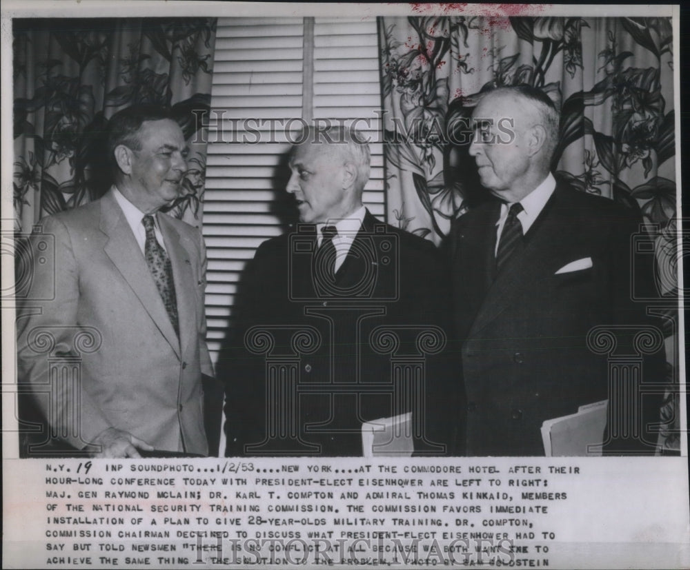 1953 Press Photo Maj Gen Raymond McClain, Dr Karl Comptom & Adm Thomas Kinkaid - Historic Images