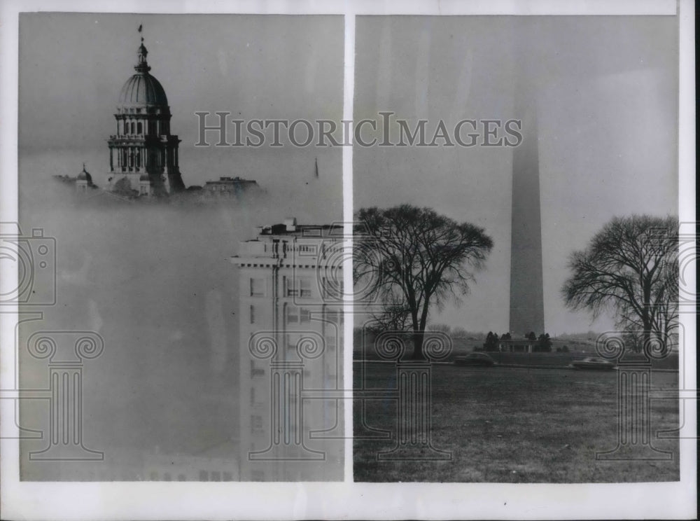 1952 Dense Fog Surrounds Illinois Capitol and Washington Monument - Historic Images