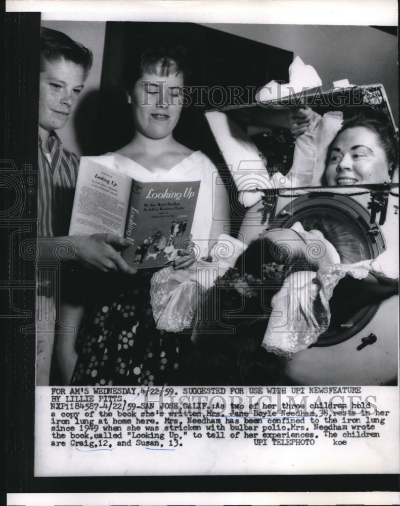 1959 Press Photo Iron Lung Polio Victim Jane Needham Visits With Her Children - Historic Images