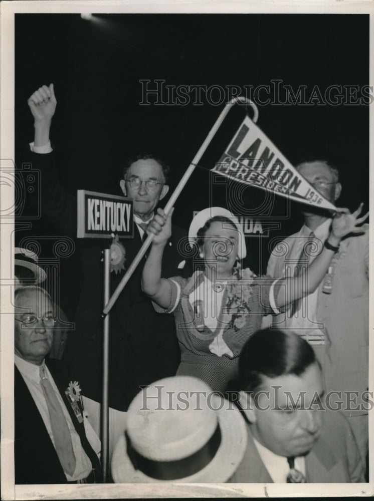 1936 Press Photo Delegates Fly Landon Banners at GOP Convention in Cleveland - Historic Images