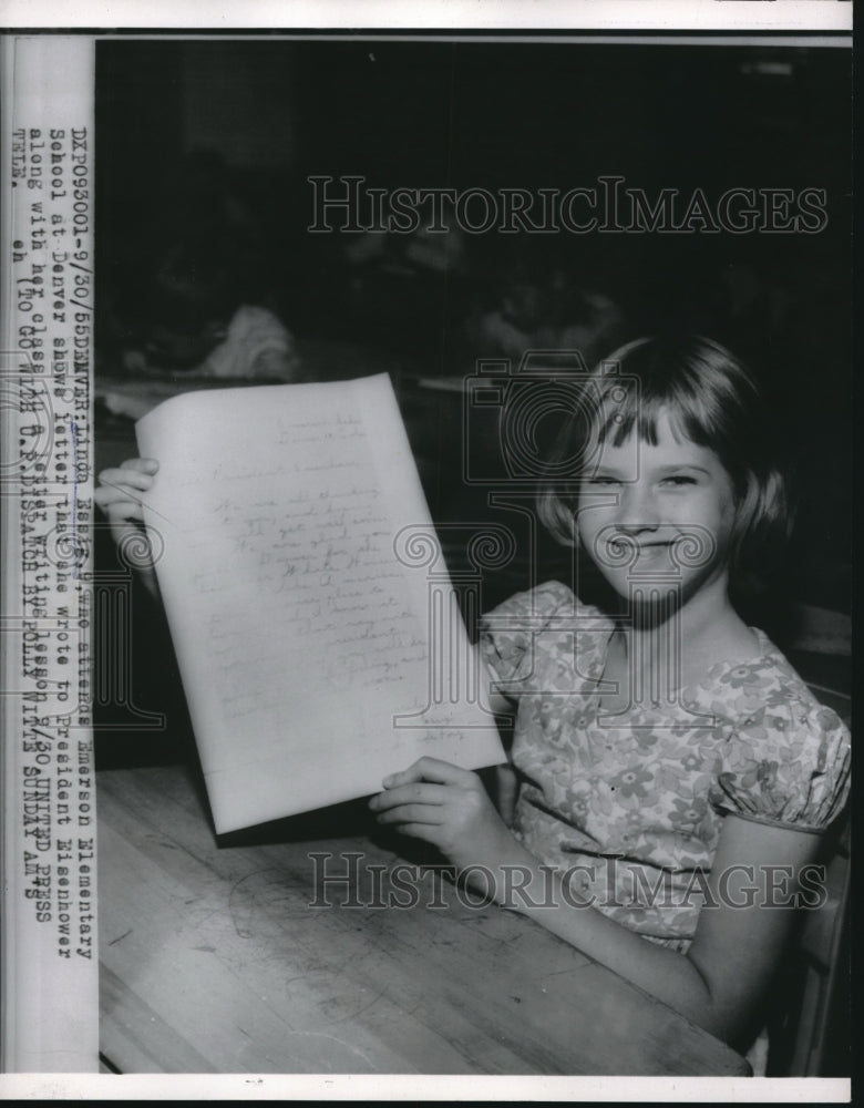 1955 Press Photo Linda Essig of Emerson Elenentary Writes Letter to President - Historic Images