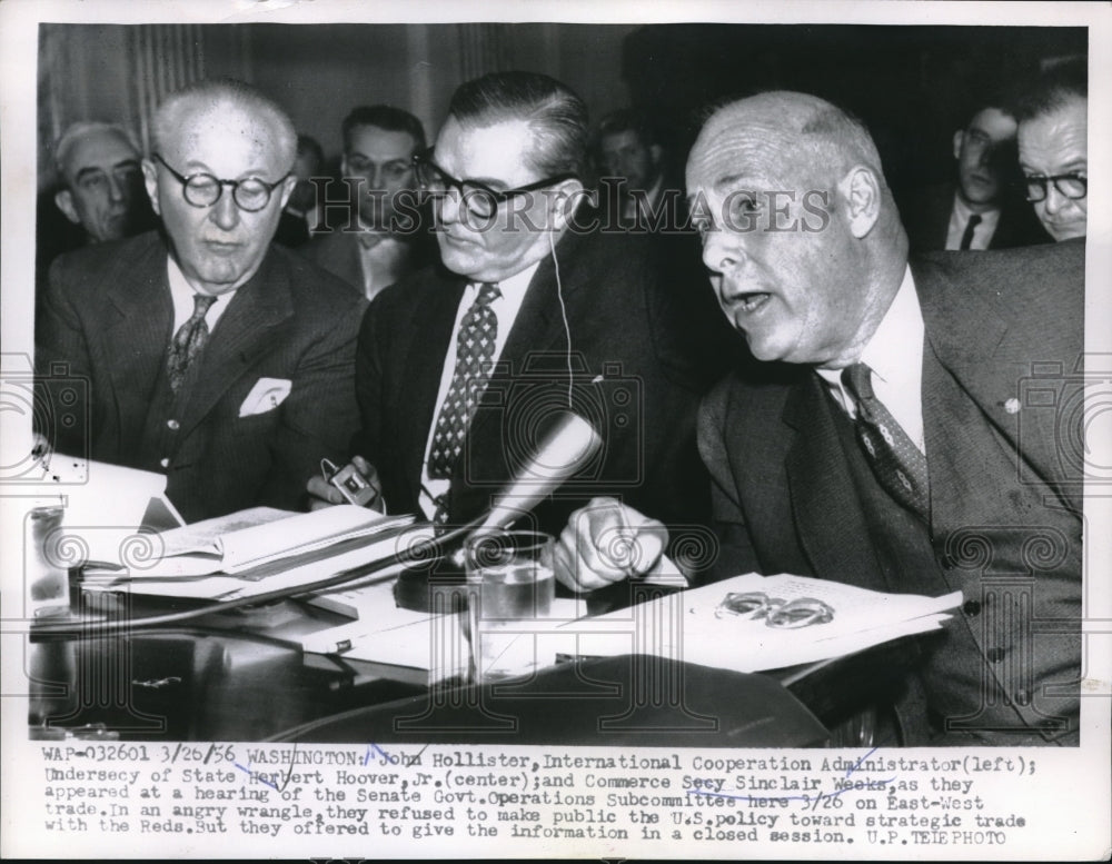 1956 Press Photo John Hollister, Herbert Hoover Jr., Sinclair Weeks at hearing - Historic Images