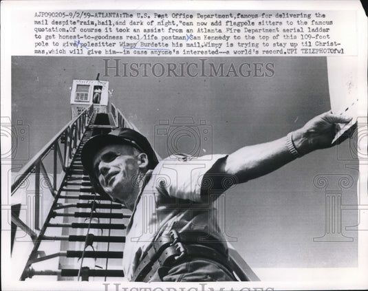 1959 Press Photo Wimpy Burnette, flagpole sitter is delivered US mail-Historic Images