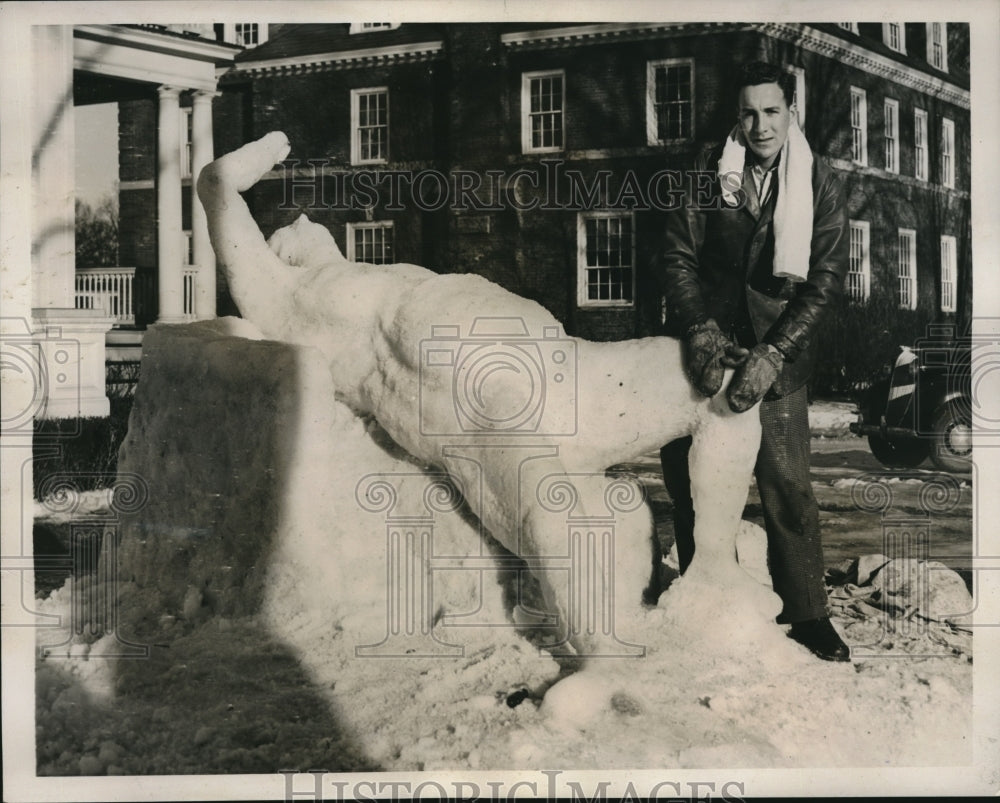 1938 Douglas Carroll Poses With Ice Sculpture Outside - Historic Images