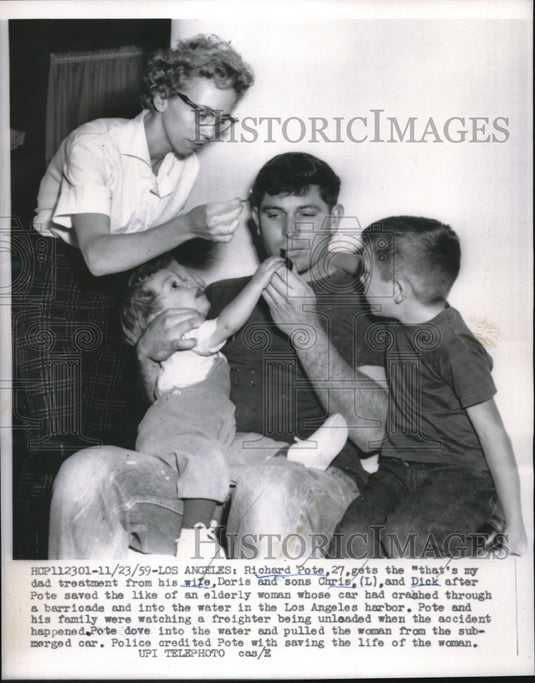 1959 Press Photo  Richard Pote gets the "Dad Treatment" from wife and sons - Historic Images