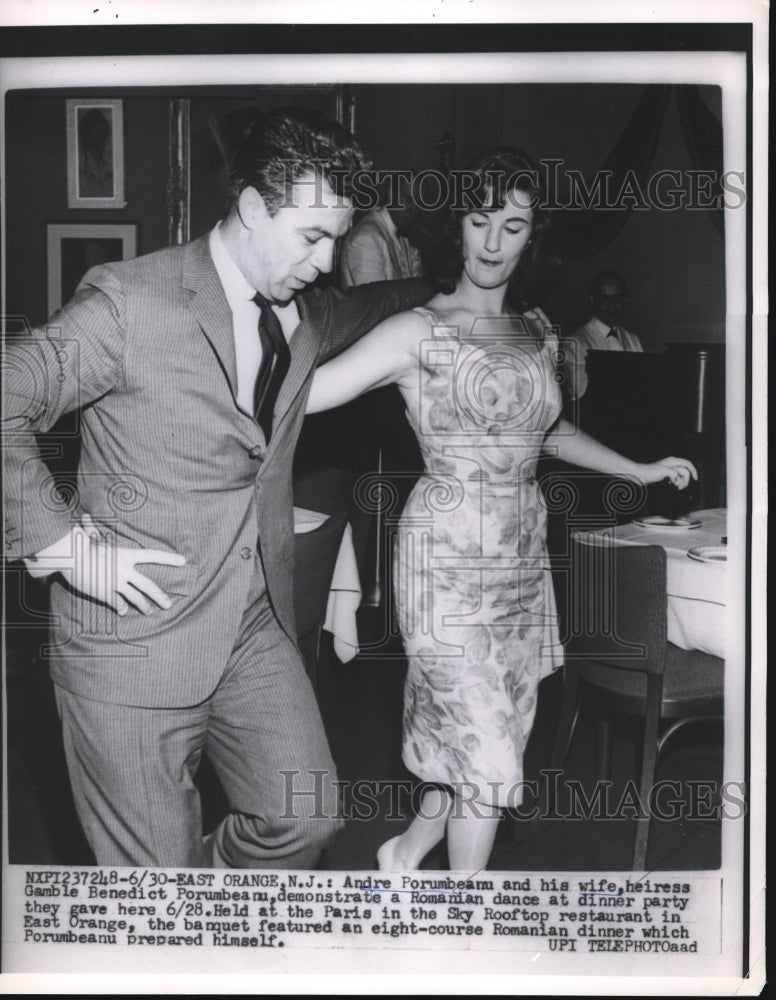 1960 Press Photo Andre and wife heiress Gamble Porumbeanu at Romanian dinner - Historic Images