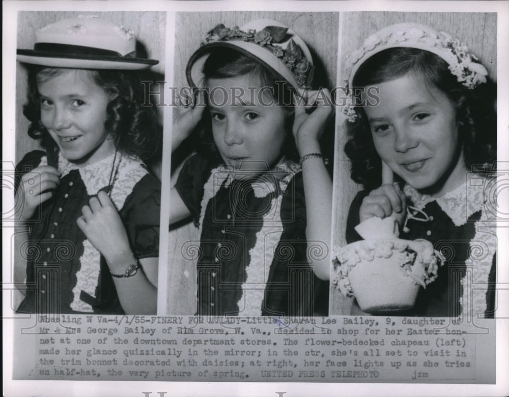 1955 Press Photo Sharon Lee Bailey at Age 9 Shopping for Easter Hats - Historic Images