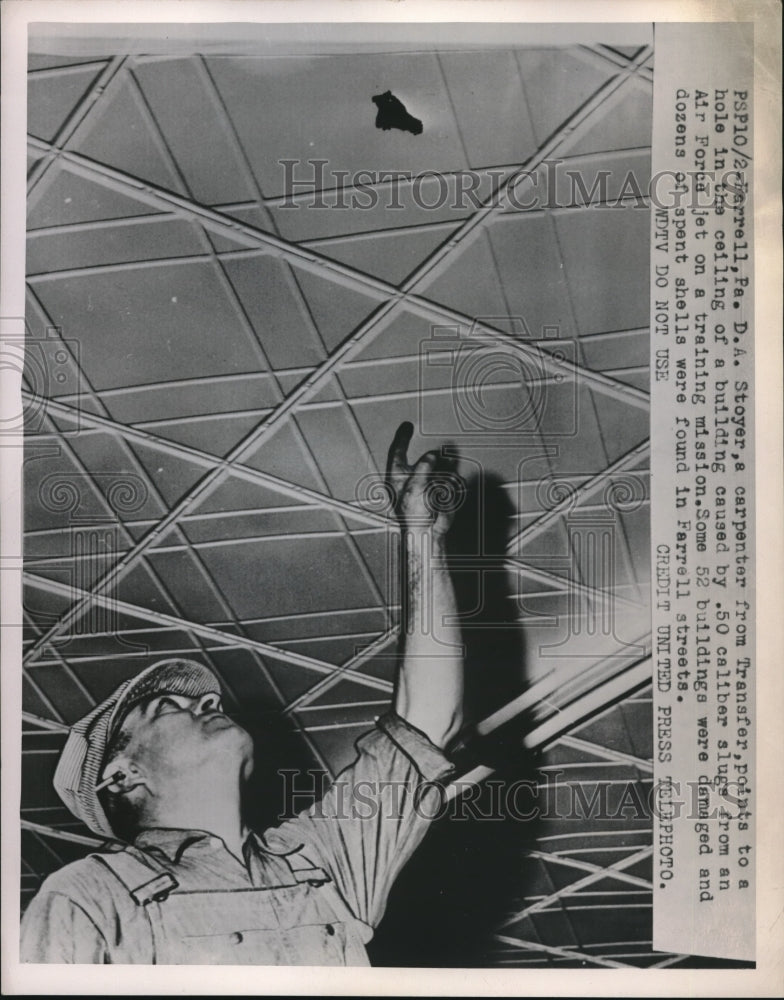 1953 Press Photo DA Stoyer Carpenter From Transfer Working on Ceiling - Historic Images