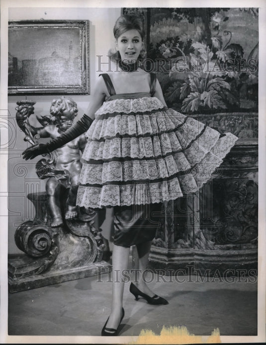 1960 Model Wears Marucelli's Ugly Lacy Satin Tunic Evening Dress - Historic Images
