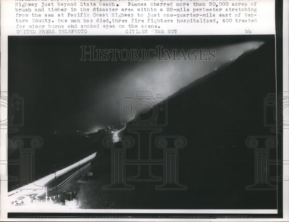 1957 Press Photo Smoke Rises From Deadly And Costly Ventura County Fire - Historic Images