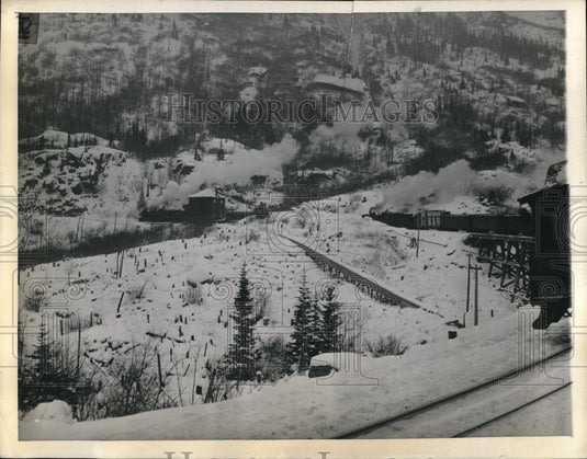 1942 Press Photo Aerial View of Glacier Bridge Curve, North of Skagway in Alaska - Historic Images