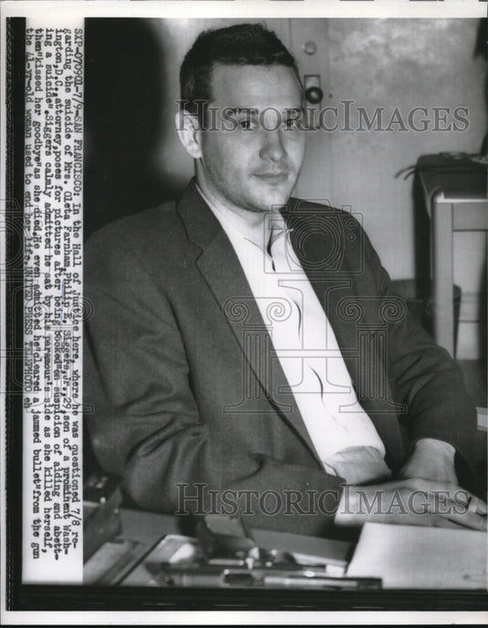 1956 Press Photo Philip E. Siggers Jr. Booked on Suspicion of Aiding & Abetting - Historic Images