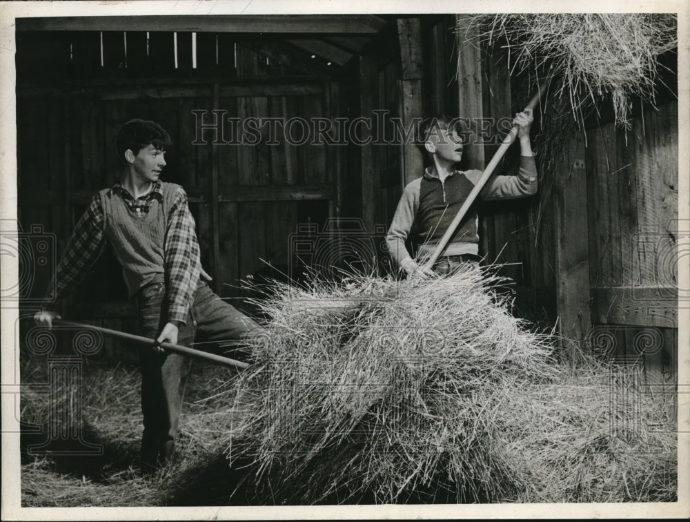 1940 Press Photo Farmer Boys Have Fun Shoveling Hay In Barn - Historic Images