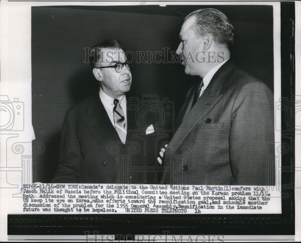 1955 Press Photo Canadian Delegate to UN Paul Martin with Jacob Malik of Russia - Historic Images