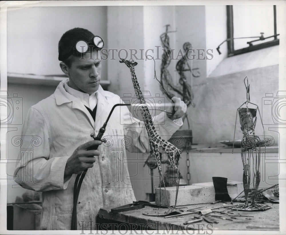 1958 Press Photo John Seyfried Completed Welding Sculpture-Historic Images