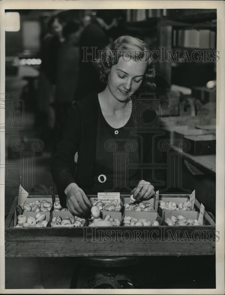 1933 Press Photo Miss Francs Luce Grading Mushrooms at Packing House - Historic Images