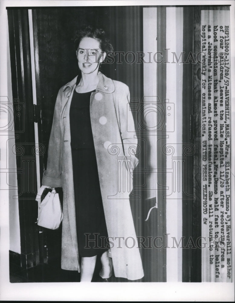 1957 Press Photo Mrs Elizabeth Denno Recovering from Blood Condition Almost Fata - Historic Images