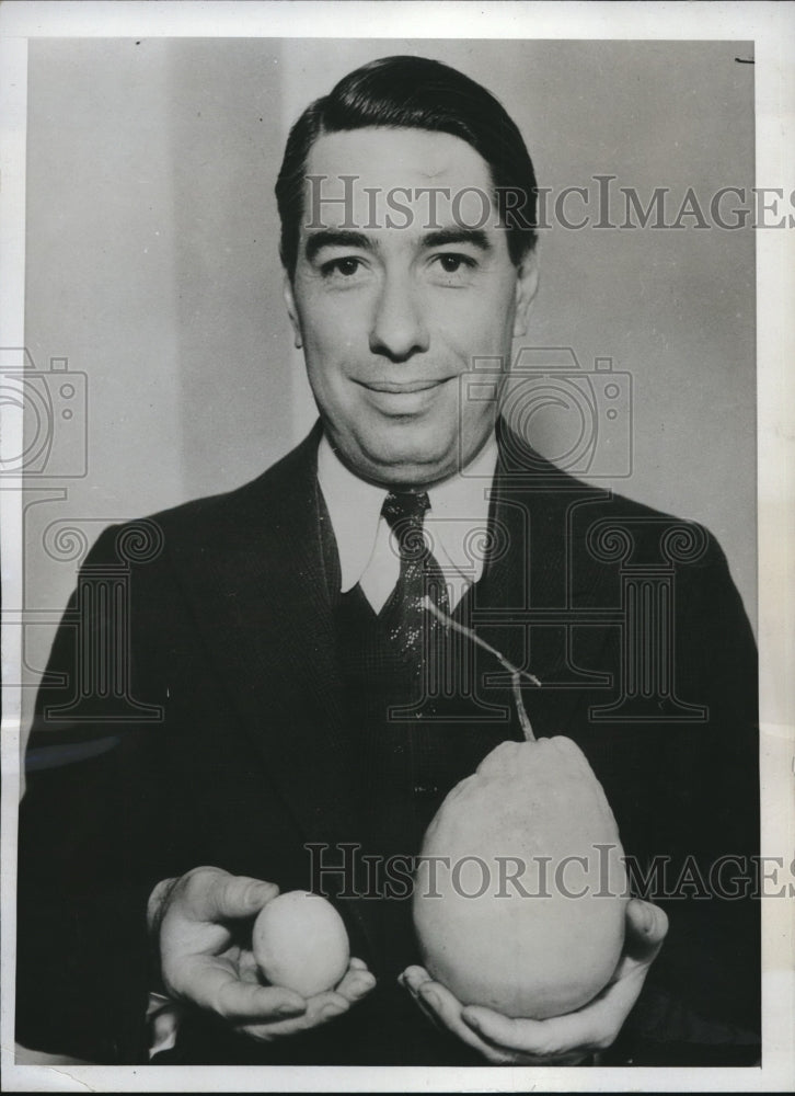 1934 Press Photo George Stahlman grafts lemon twig onto Orange Tree - Historic Images