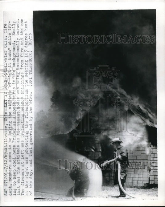 1969 Firemen Burn Vacant Building in Stillwater, Oklahoma - Historic Images