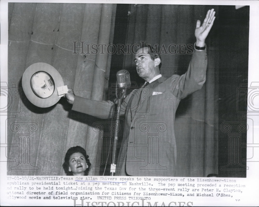 1956 Press Photo Gov Allan Shivers speaks to supporters for Eisenhower Nixon - Historic Images