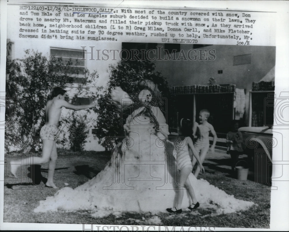 1962 Press Photo Inglewood California.Don and Tom Hale built a snowman. - Historic Images