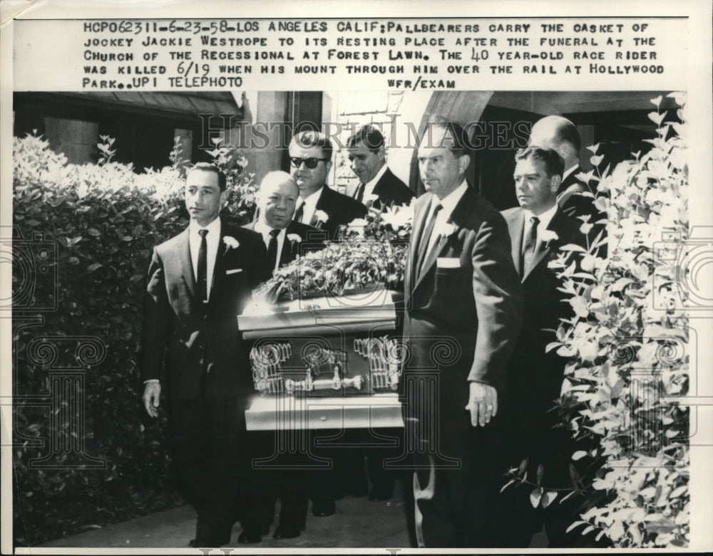 1958 Press Photo Jockey Jackie Westrope is killed at Hollywood park - Historic Images