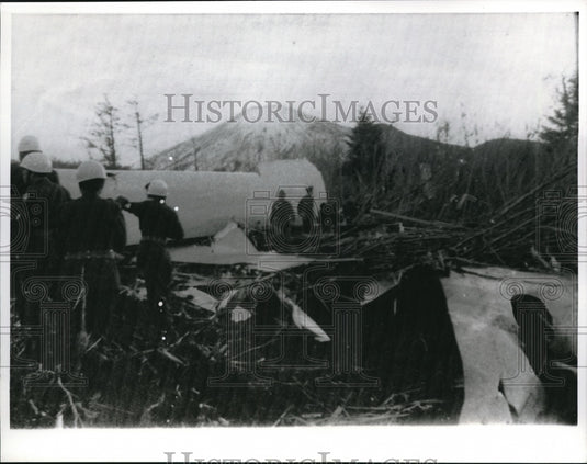 1966 Press Photo Japanese police examining wreckage from plane crash in Tokyo - Historic Images