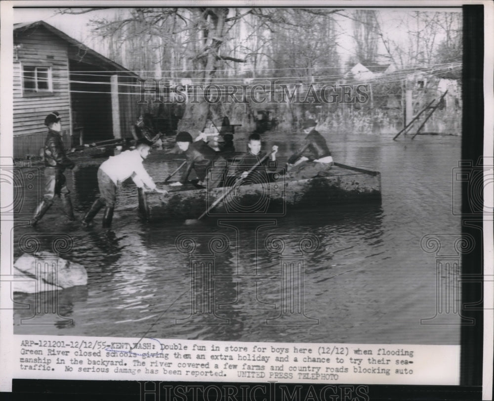 1955 Boys Take Boat Into Kent Washington Flooded Green River - Historic Images