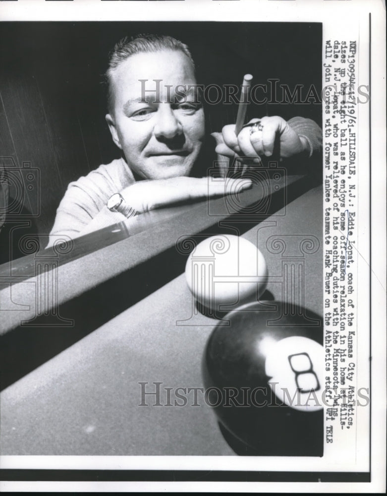 1961 Eddie Lopat Coach of Kansas City Athletics Playing Pool - Historic Images