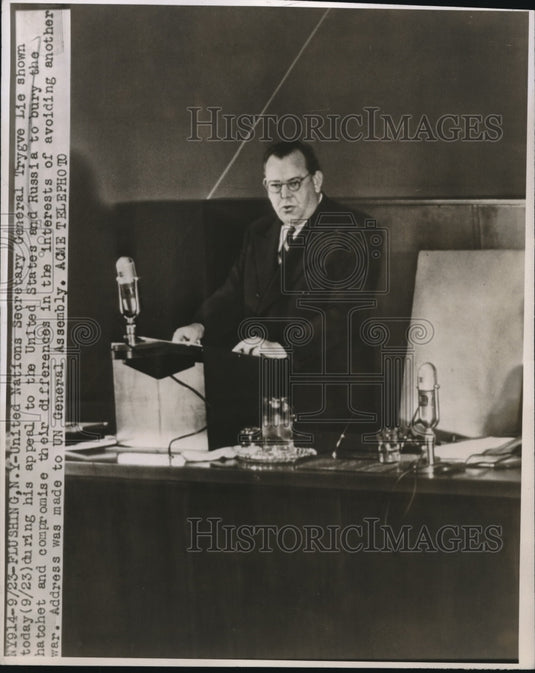 1947 Press Photo United Nations Secretary General Trygve Lie during appeal-Historic Images