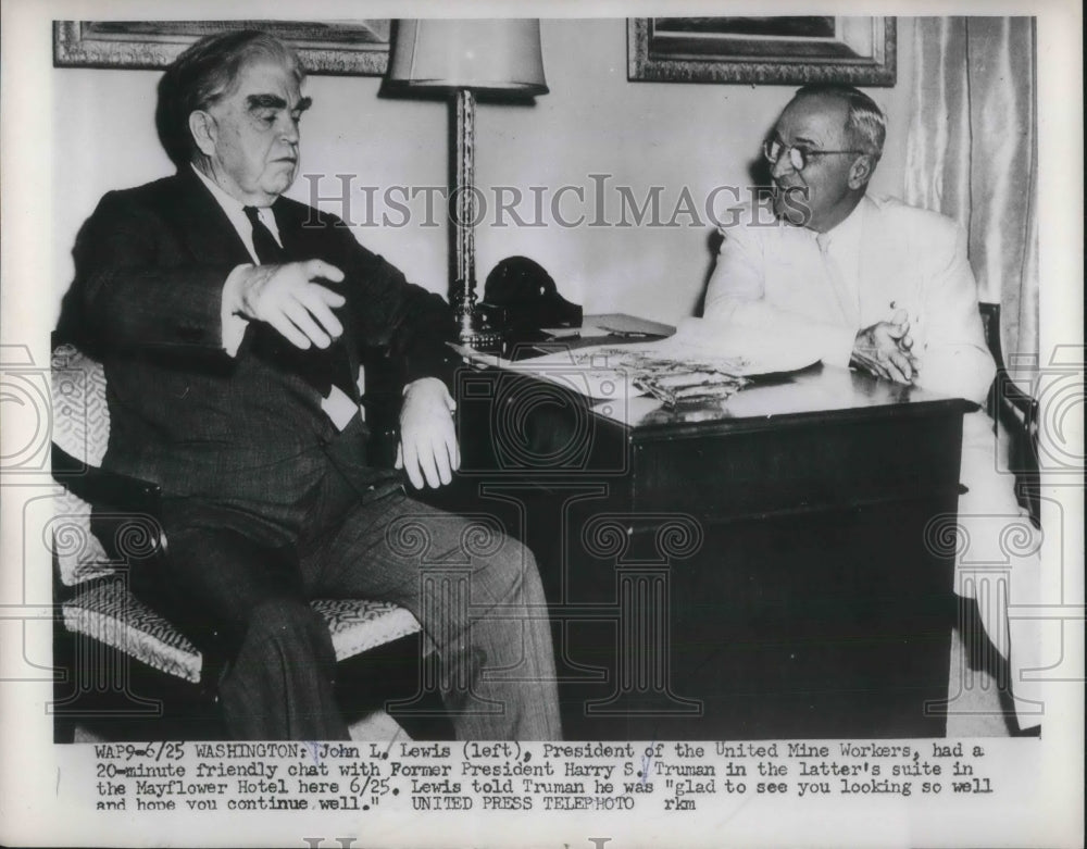 1958 Press Photo Mine Workers Pres. John Lewis with Former Pres. Harry Truman - Historic Images