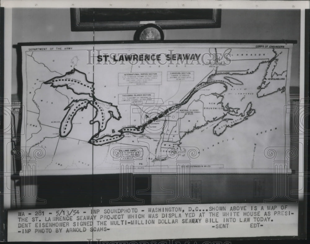 1954 Press Photo Map of St. Lawrence Seaway Project at White House - Historic Images