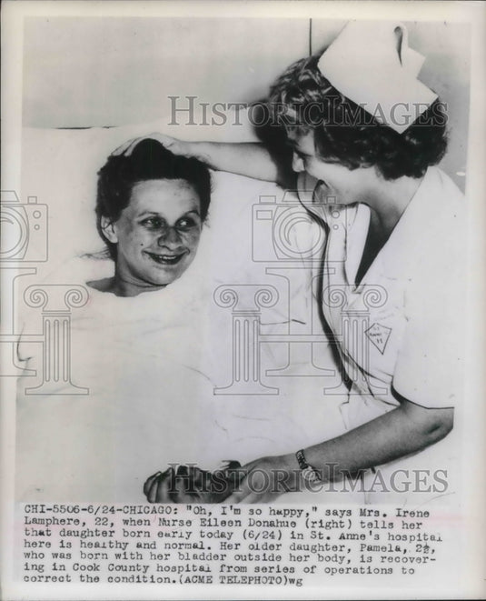 1949 Irene Lamphere w/ nurse Eileen Donahue at St Anne's hospital - Historic Images