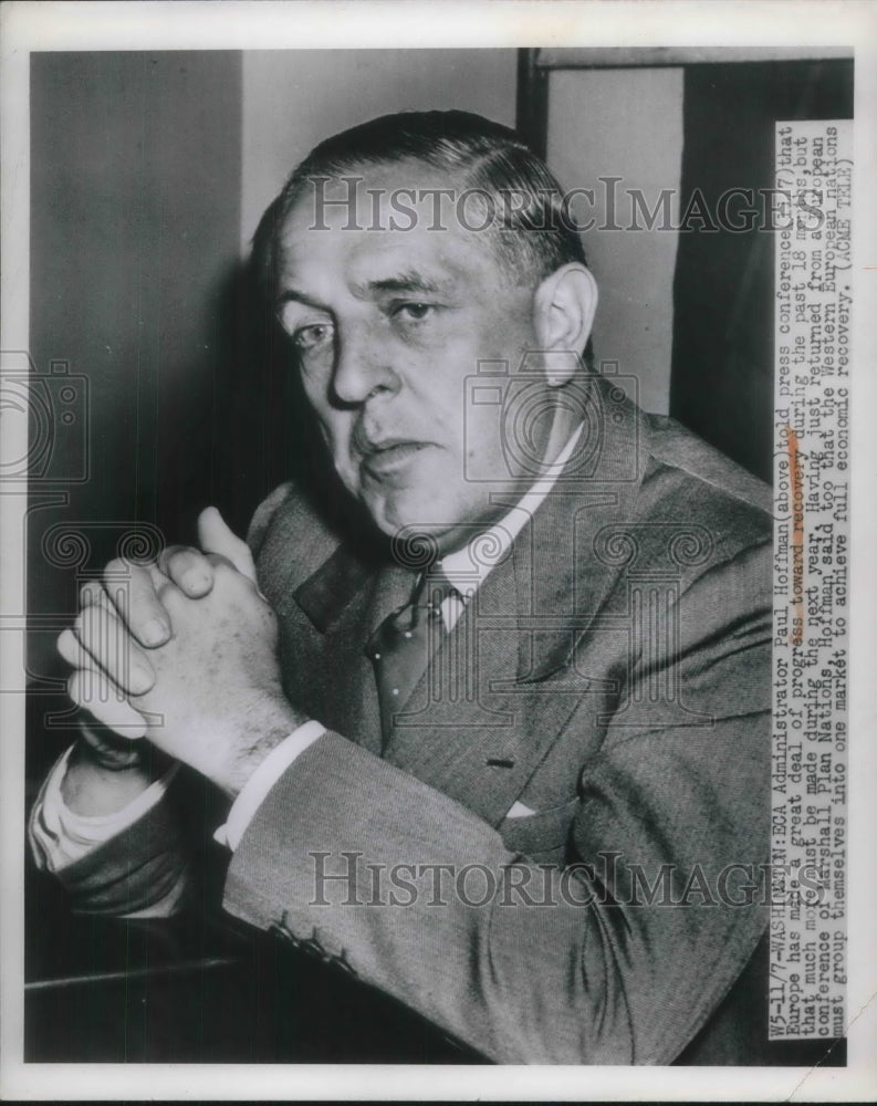 1949 Press Photo Paul Hoffman&#39;s statement about European progress-Historic Images