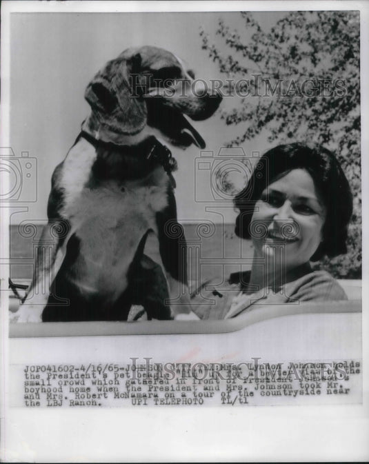 1965 Mrs. Lyndon Johnson & pet beagle "him" at LBJs boyhood home - Historic Images