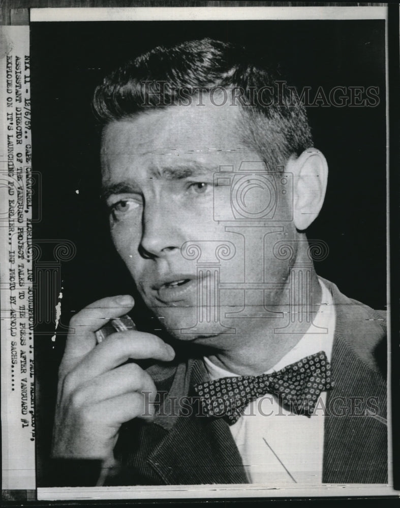 1957 Press Photo J. Paul Walshy of Vanguard Project Talks About Explosion - Historic Images