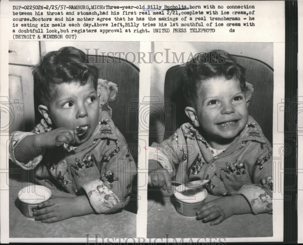 1957 Press Photo Billy Bucholtz at Age 3 Has First Real Meal and Ice Cream-Historic Images