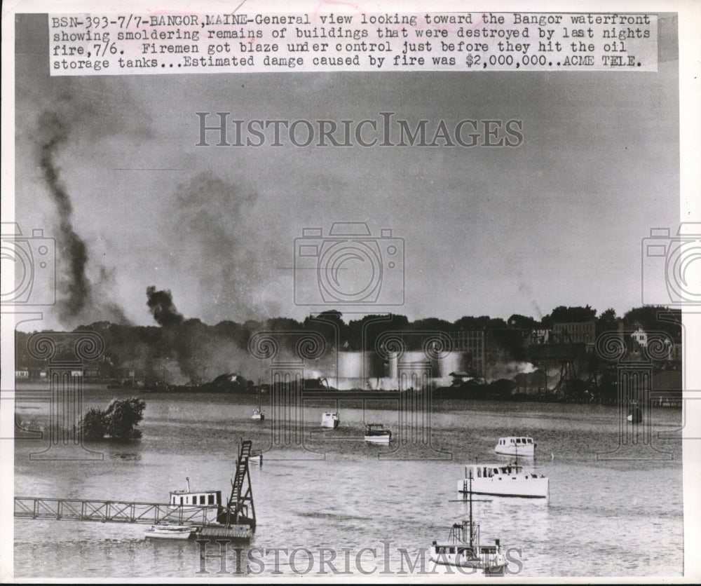 1949 Press Photo Bangor waterfront showing smoldering remains, destroyed by fire - Historic Images