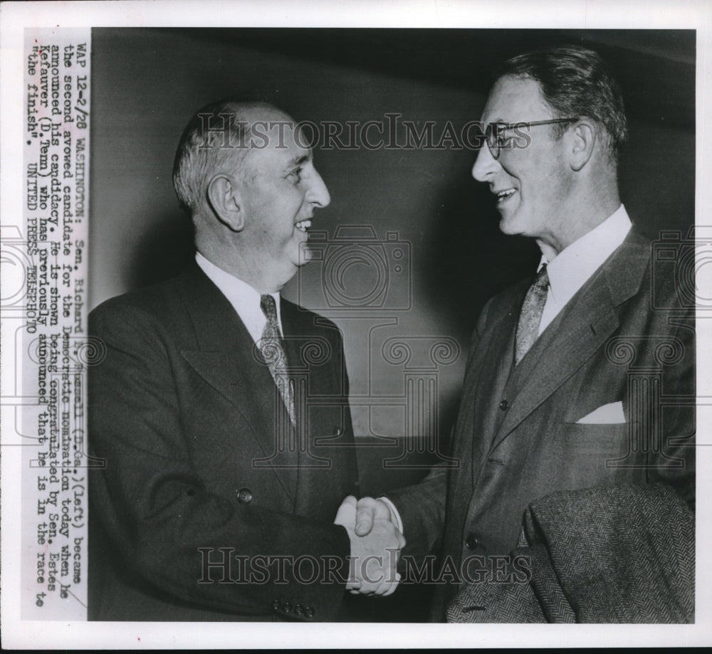 1928 Press Photo Sen Richard Russell congratulated by Sen Estes Kefauver - Historic Images