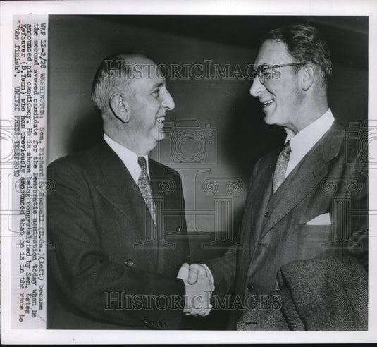 1928 Press Photo Sen Richard Russell congratulated by Sen Estes Kefauver - Historic Images
