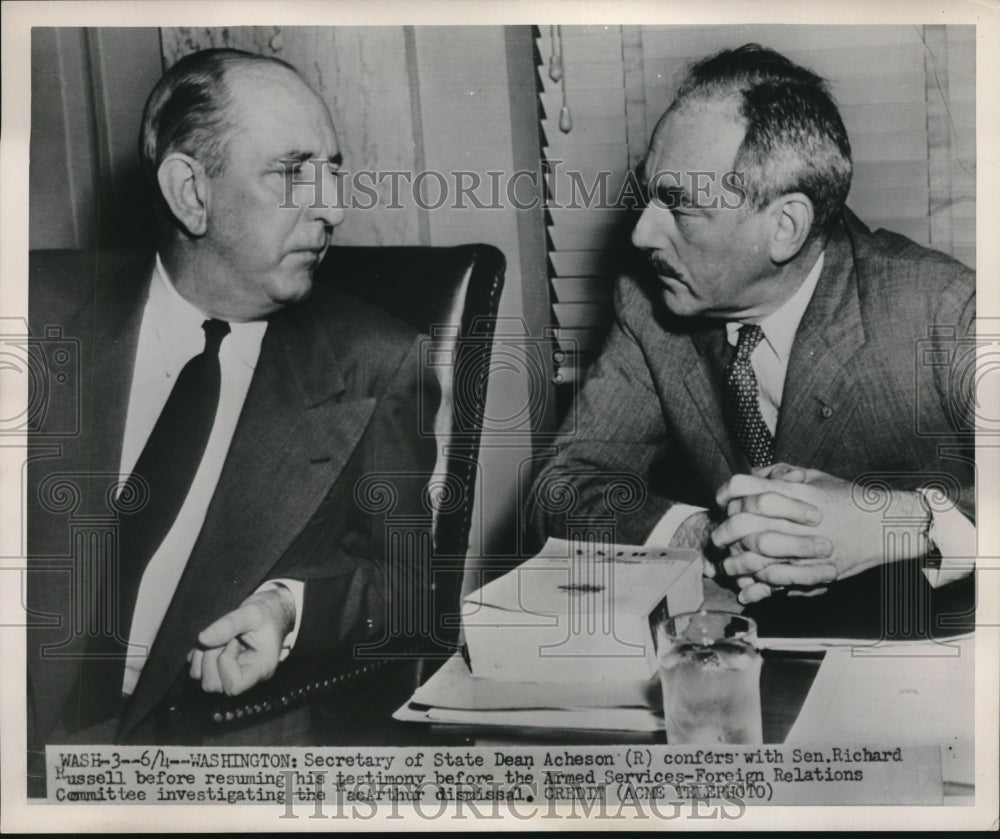 1951 Sec of State Dean Acheson confers w/ Sen Richard Russell - Historic Images