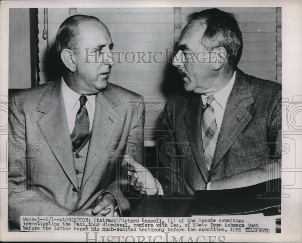 1951 Sen Richard Russell confers w/ Sec of State Dean Acheson - Historic Images