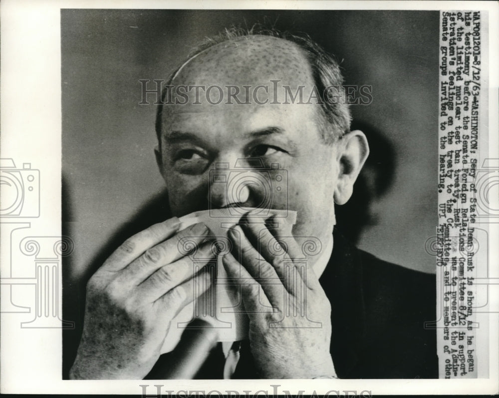 1963 Press Photo Secretary Of State Dean Rusk Testifies To Senate Committee - Historic Images