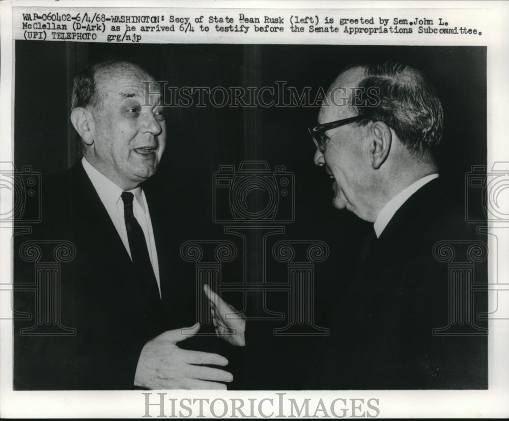 1968 Press Photo secy state Dean Rusk greeted by senator John L. Mcclellan for - Historic Images